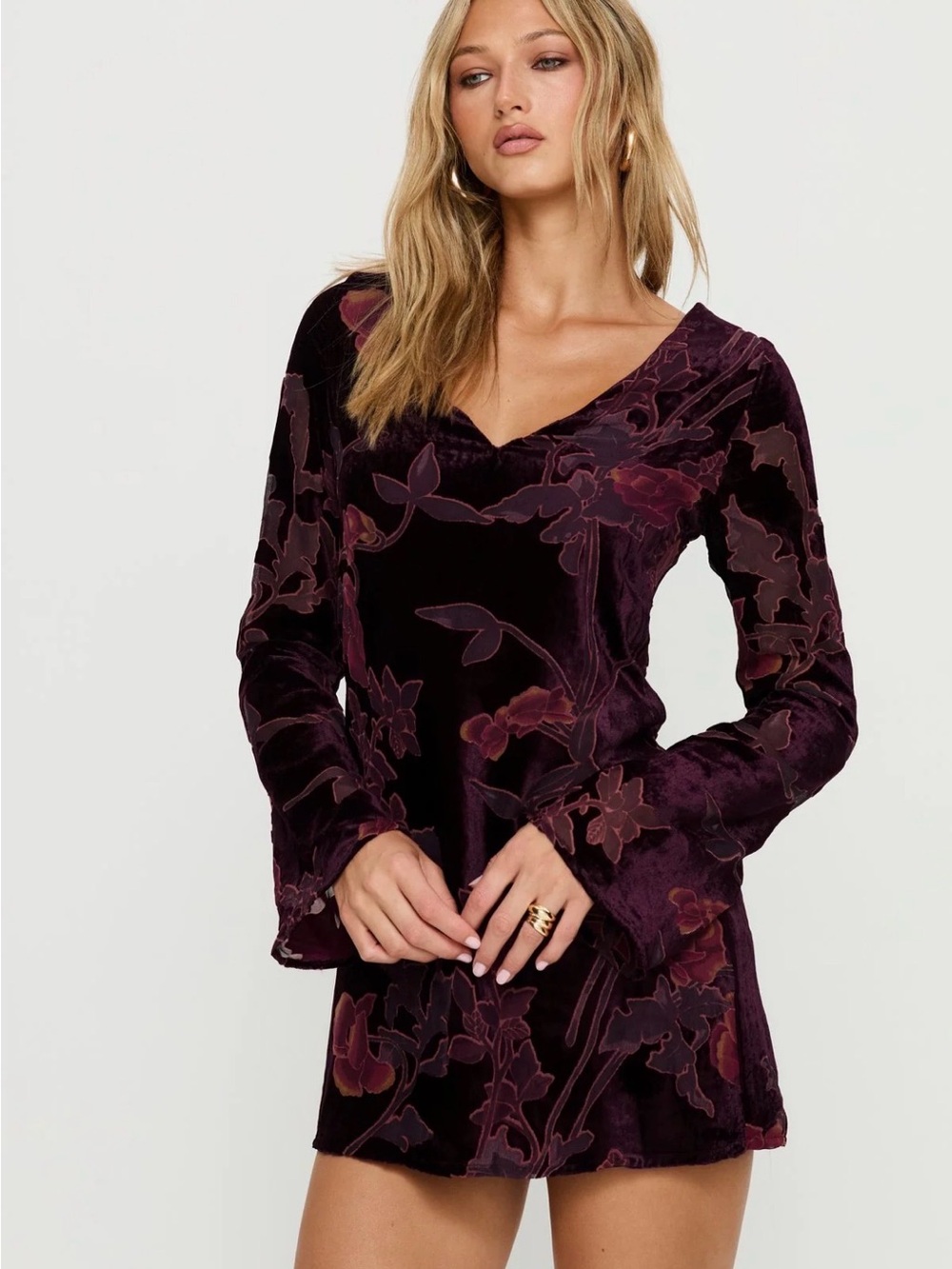 Motel Rocks Plum Floral Velvet Mini Dress